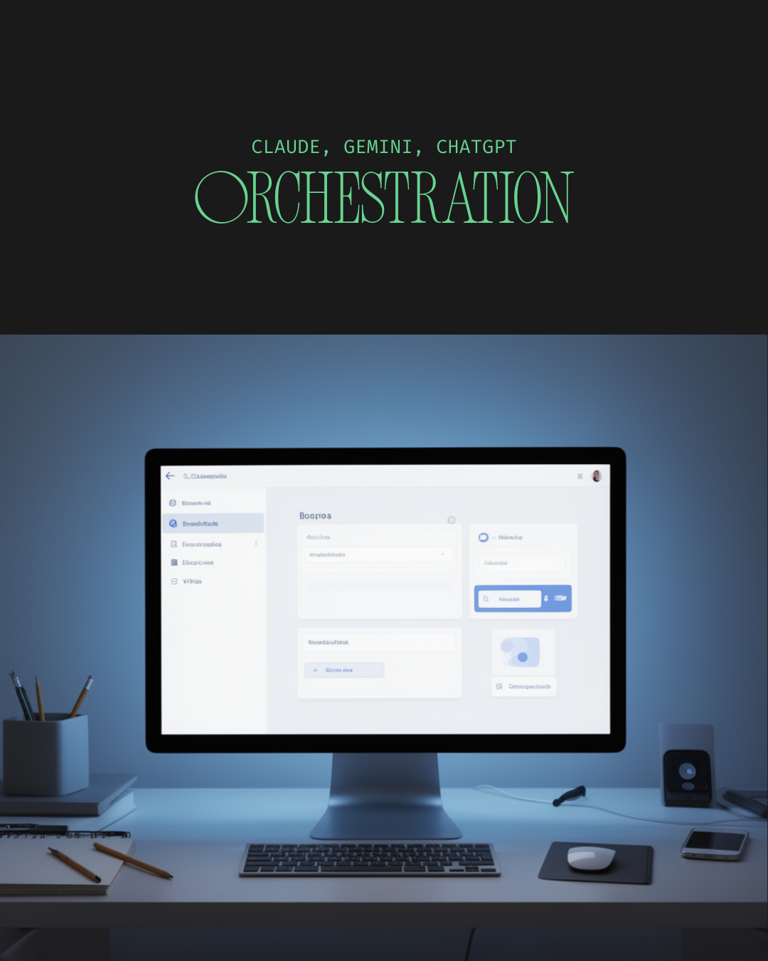 AI orchestration dark poster with monitor mockup