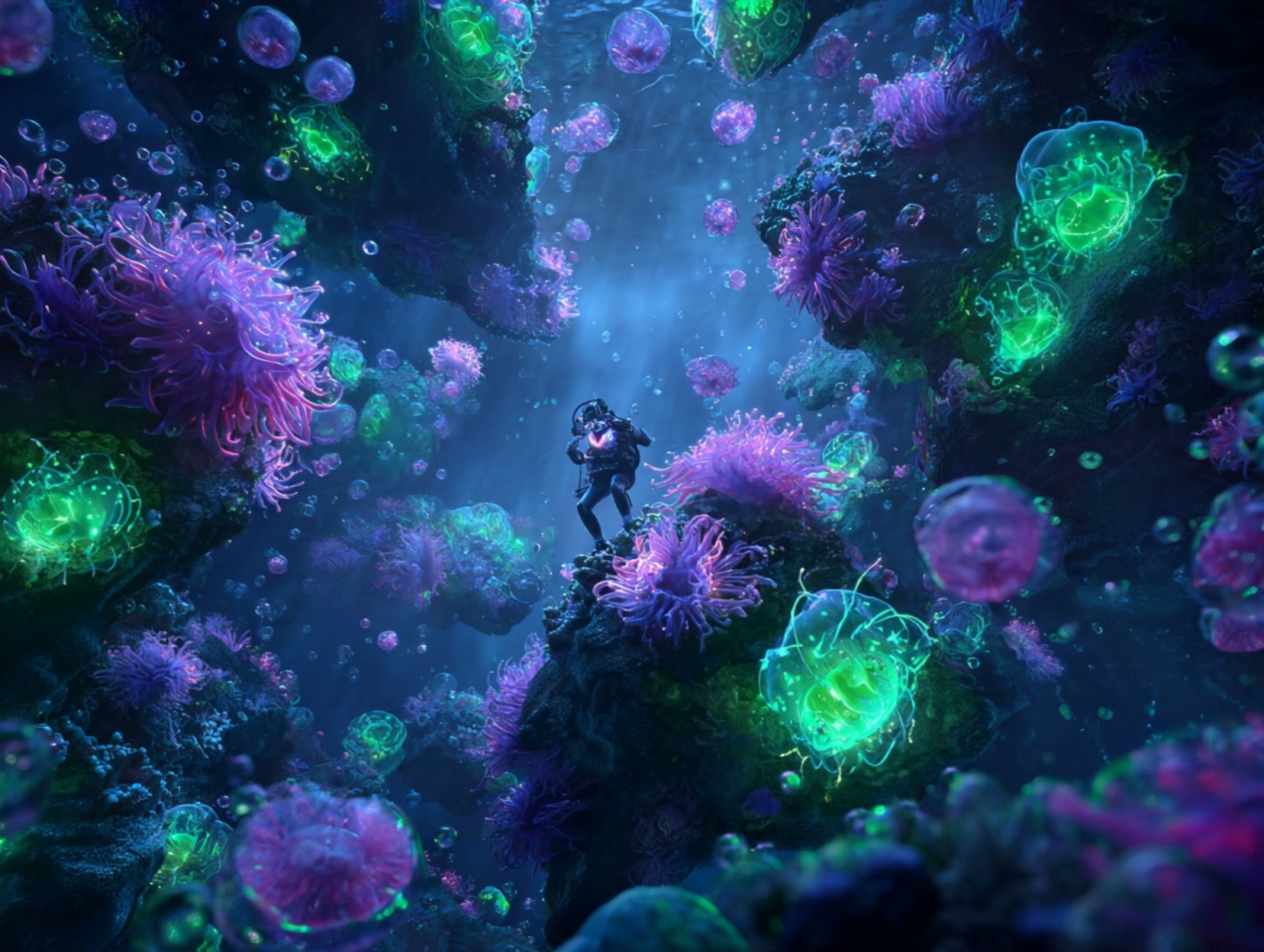 Diver in bioluminescent deep sea